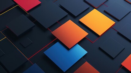 This image showcases a geometric pattern of colored squares with red and black lines on a dark background