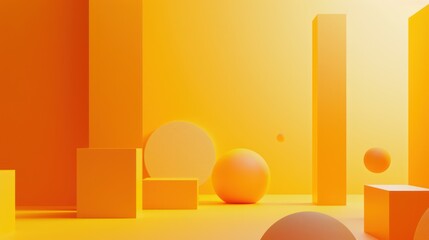 Vibrant 3D illustration with a variety of yellow and orange geometric shapes casting soft shadows on a matte surface