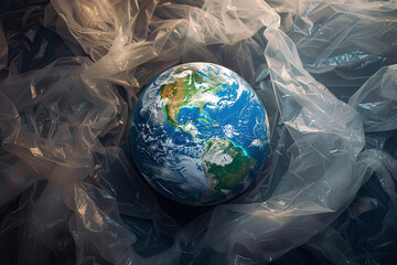 The Earth in a plastic bag. Plastic bag free day - concept of envirenmontal pollution