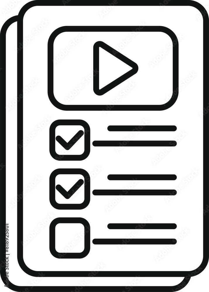 Poster black and white line art of a video player checklist icon for digital use