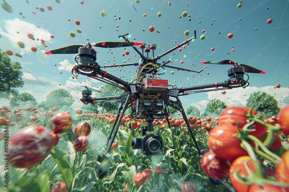 Poster isometric fruit farming with drone technology for smart farming solutions in agricultural automation