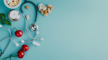 Healthy lifestyle concept with stethoscope fruits and fitness gear on a blue background