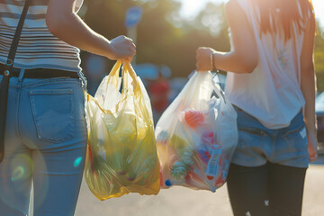 Plastic bag free day - concept of international day. Girls hold plastic bags in their hands