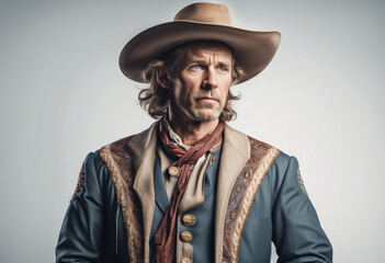 portrait of an American cowboy in traditional clothes, isolated white background

