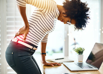 Laptop, office and woman with back pain for stress, muscle injury and medical emergency for bad...