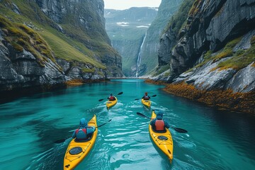 A group of kayakers exploring a pristine fjord surrounded by towering cliffs, their paddles dipping into the crystal-clear water