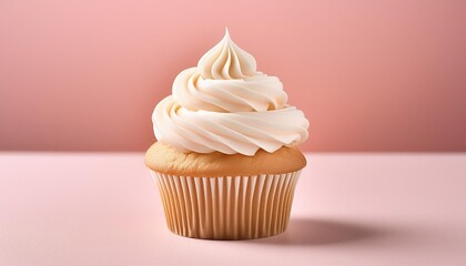 a single vanilla cupcake with frosting swirled on top neatly presented on a pink background