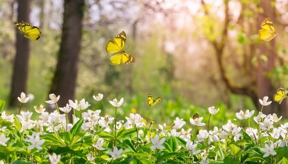 easter spring background with forest meadow with white spring flowers and yellow butterflies on a sunny day easter morning generative ai