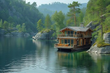 Naklejka premium A luxurious houseboat anchored in a secluded cove, its deck offering a serene view of the surrounding wilderness