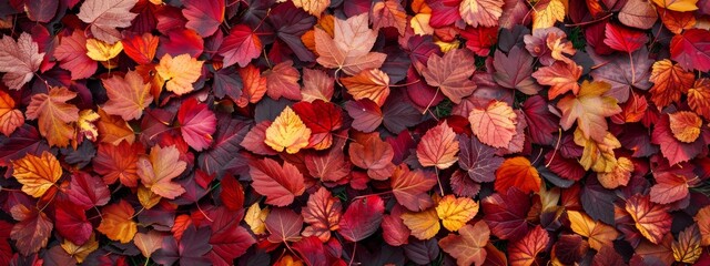 A pattern of autumn leaves in shades of red, orange, and yellow, scattered on a forest floor.