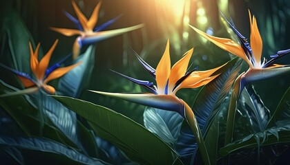 summer tropical background with strelitzia flowers and tropical leaves