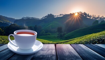 a white cup of tea on the wooden table with tea plantation background at beautiful sunrise