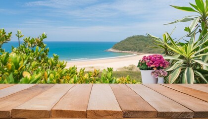 empty wooden table top on plant vase and seaside plants with beach sea view background for product display presentation