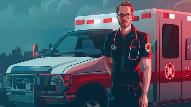 Paramedic ready for action beside an ambulance at dusk
