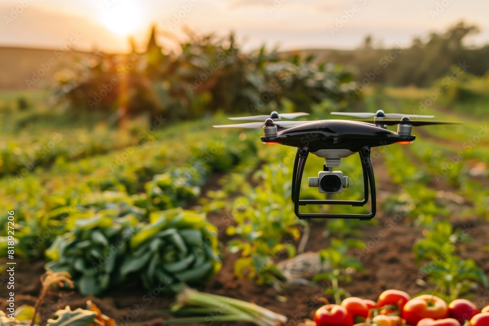 Poster smart farming solutions with isometric fruit farming using drone technology for agricultural automat