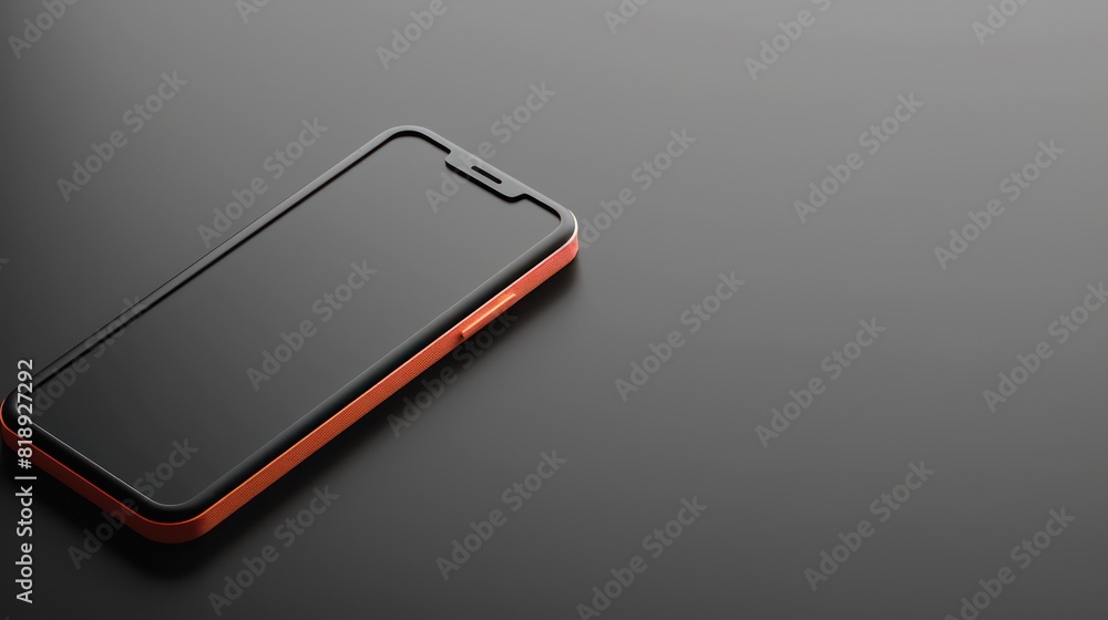 Poster modern smartphone with an orange accent lying on a dark reflective surface with space for text on th