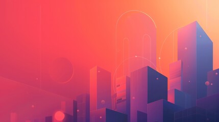 This image shows a stylized digital artwork of a futuristic city with skyscrapers in shades of pink and orange, with a soft glow