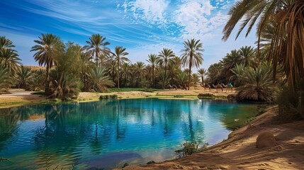A desert oasis with a clear blue pool of water, surrounded by palm trees, and a caravan of camels resting nearby