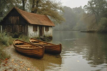 A peaceful riverbank scene with a quaint wooden boathouse, rowboats waiting to be taken out for a...