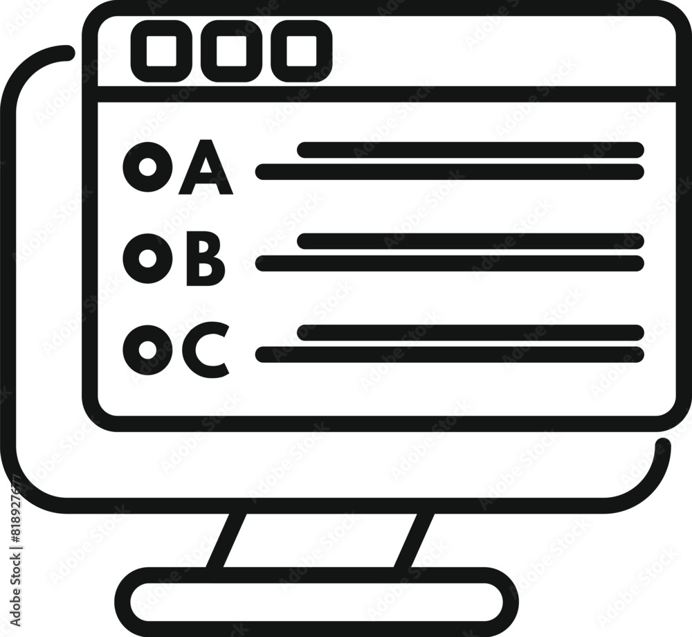Poster black and white icon of a computer monitor displaying an online test with multiplechoice options