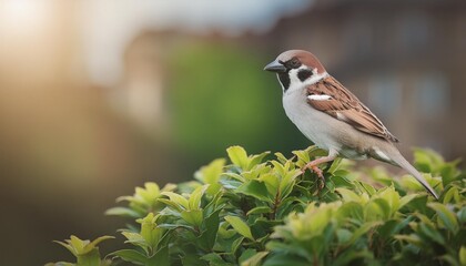 eurasian tree sparrow perched on a shrub branch