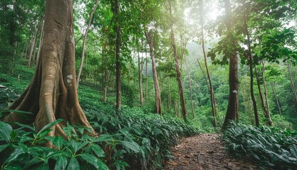 tropical rainforest landscape forest scenic with jungle tree in green nature beautiful wild wood foliage plant over the mountain leaf with rain water environment park background for travel