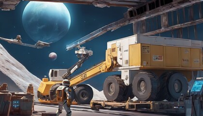 A heavy-duty space crane on a lunar surface against a backdrop of distant planets and a starry sky, with an astronaut overseeing operations.. AI Generation