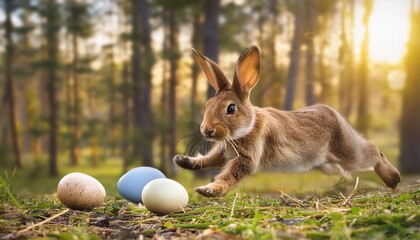 cute easter bunny running with eggs
