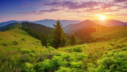 beautiful summer landscape in the mountains with the sun at dawn