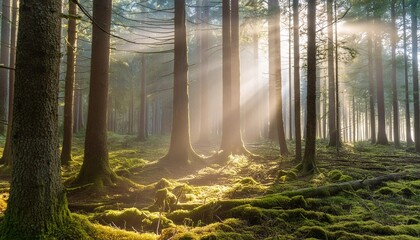 spruce tree forest sunbeams through fog illuminating moss covered forest floor creating a mystic atmosphere