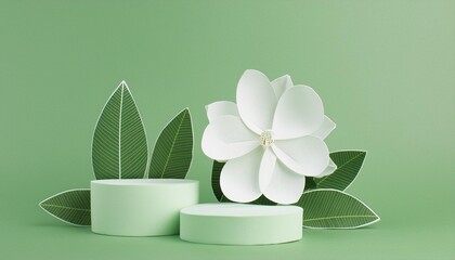 3d display podium pastel green background white flower with leaf nature blossom minimal pedestal for beauty cosmetic product presentation summer and spring feminine copy space template 3d render