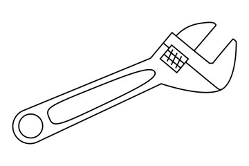 Hand drawn cute outline illustration of adjustable wrench or spanner instrument. Flat vector repair tool in line art doodle style. Support service hardware icon. Settings or fix problem. Isolated.