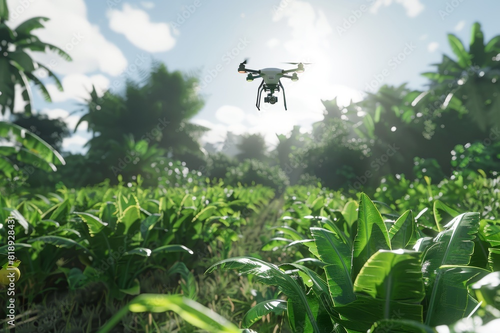 Poster smart farming solutions with isometric fruit farming using drone technology for agricultural automat