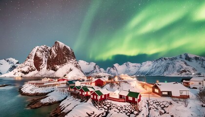 aurora borealis on the lofoten islands norway green northern lights above mountains night winter landscape with aurora natural background in the norway