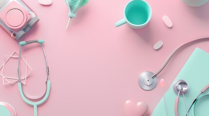 Pastel medical desktop with stethoscope and accessories