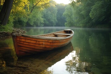 A serene rowboat excursion on a tranquil pond, with the reflection of the surrounding trees...