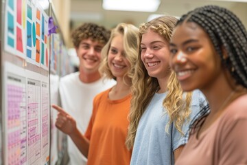 Obraz premium group of smiling teenage students wearing bright clothes standing in classroom. ai generated