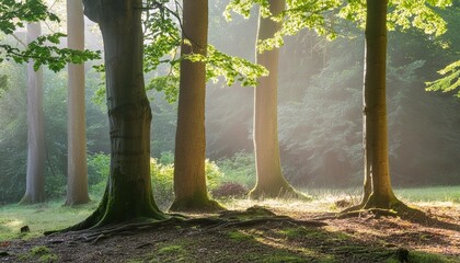 natural sunny forest of beech and oak trees with some morning mist in summer