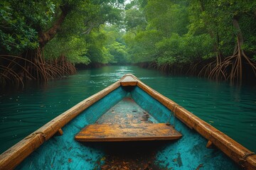 A serene rowboat journey through a dense mangrove forest, the twisted roots creating an otherworldly experience