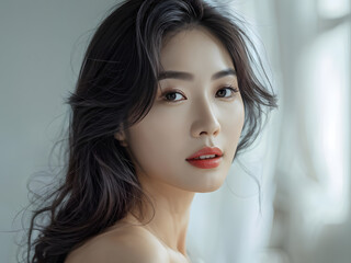 Fototapeta premium asian woman with long hair and a red lipstick