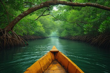 A serene rowboat journey through a dense mangrove forest, the intricate roots forming an enchanting...