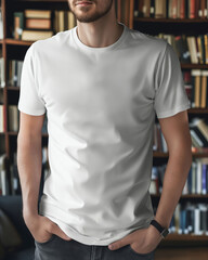 A man wearing a white t - shirt standing in front of bookshelves.