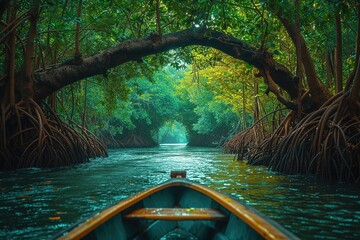 A serene rowboat journey through a winding mangrove forest, the twisted roots creating an...