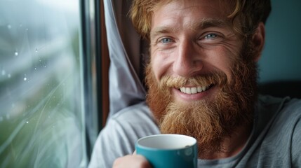 Smiling man with a beard holding a coffee mug, looking out of the window on a rainy day, representing warmth and comfort. Concept of comfort, warmth, and relaxation.
