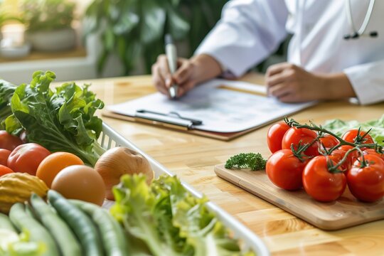 Nutrition expert planning healthy diet with fresh vegetables