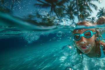 Fototapeta premium A close-up of a child wearing swimming goggles in the ocean with a tropical landscape in the background ,the excitement of underwater exploration and the beauty of the natural surroundings