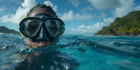 A teenager snorkeling in clear tropical waters, with only the upper part of their face and mask visible above the water surface. Background green island and a bright, sunny sky, adventurous location.