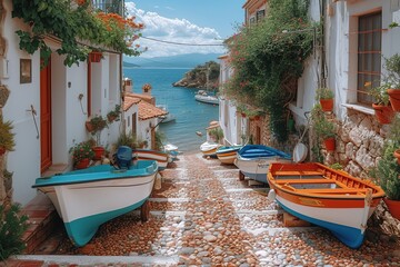 A traditional Mediterranean fishing village, with narrow cobblestone streets leading to a bustling harbor filled with colorful boats