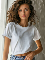 Fototapeta premium A beautiful woman in jeans and white t - shirt.