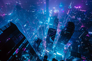 Overlooking from top the modern city architecture, X-ray Style, Light blue and purple, black Background